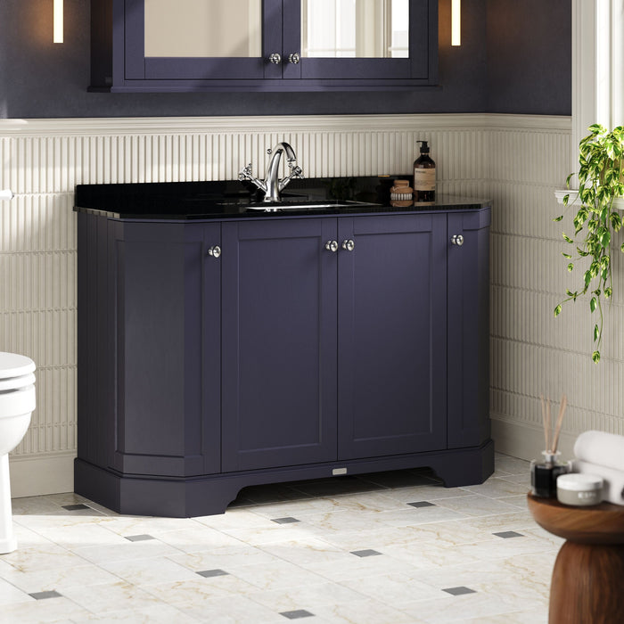 Old London 1200mm Twilight Blue 4 Door Floor Standing Angled Vanity Unit With 1 Tap Hole Black Marble Basin