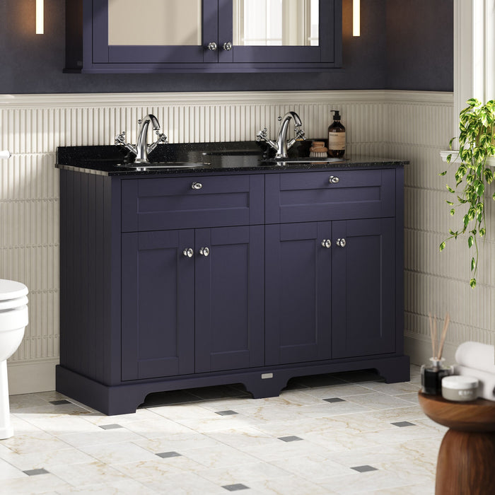 Old London 1200mm Twilight Blue 4 Door Floor Standing Cabinet With Black Marble Basin