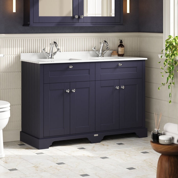 Old London 1200mm Twilight Blue 4 Door Floor Standing Cabinet With Twin Marble Basin