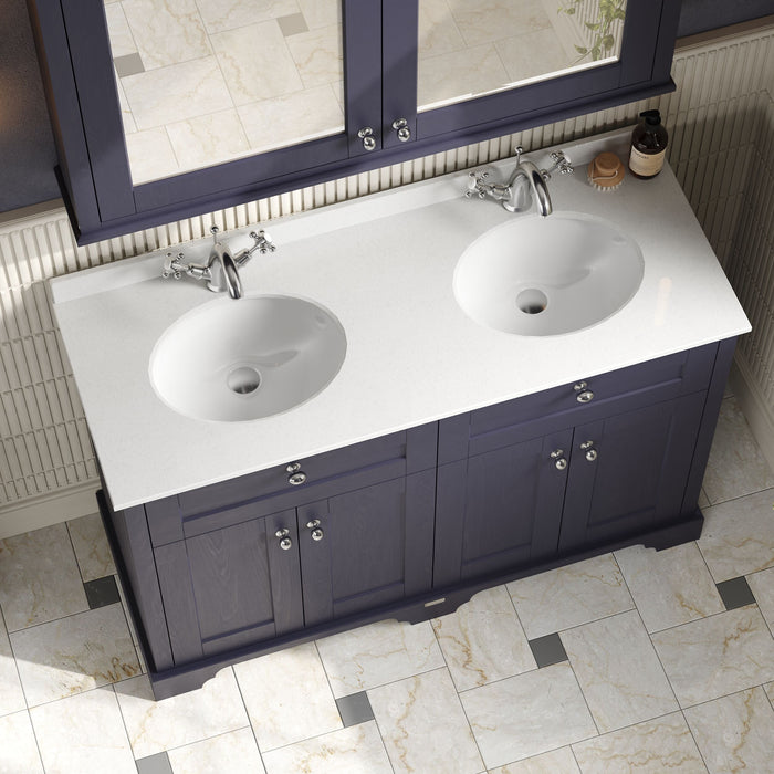 Old London 1200mm Twilight Blue 4 Door Floor Standing Cabinet With White Marble Basin