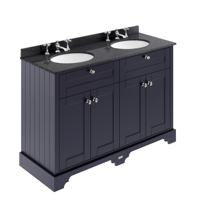 Old London 1200mm Twilight Blue 4 Door Floor Standing Cabinet With 6 Tap Holes Twin Black Marble Basin