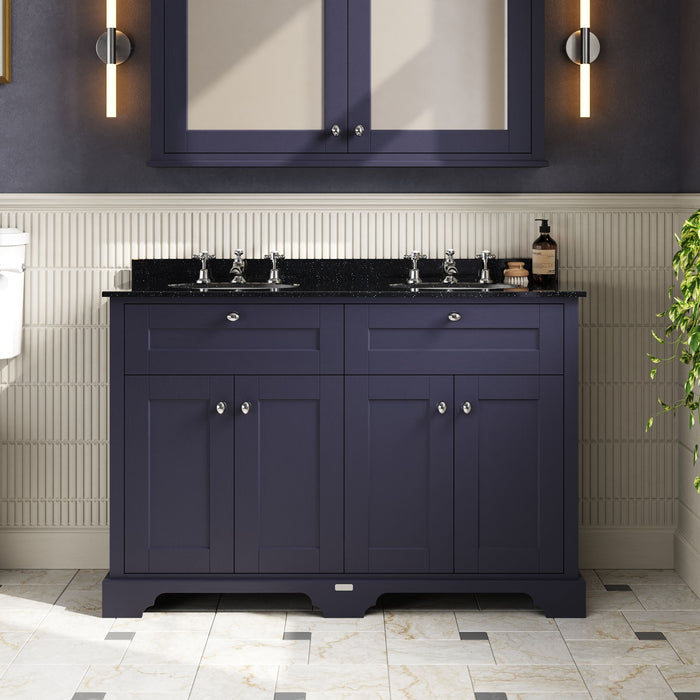Old London 1200mm Twilight Blue 4 Door Floor Standing Cabinet With 6 Tap Holes Twin Black Marble Basin