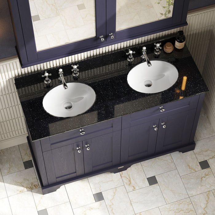Old London 1200mm Twilight Blue 4 Door Floor Standing Cabinet With 6 Tap Holes Twin Black Marble Basin