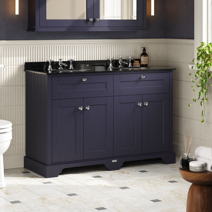 Old London 1200mm Twilight Blue 4 Door Floor Standing Cabinet With 6 Tap Holes Twin Black Marble Basin