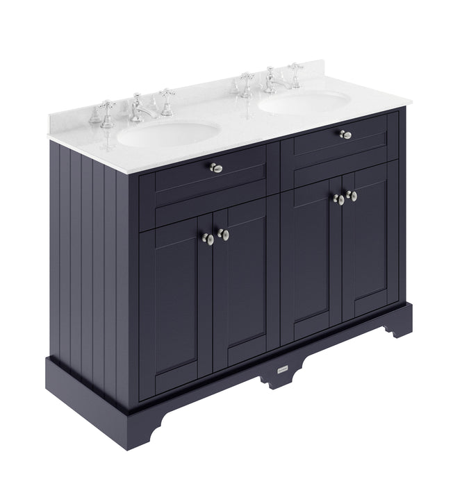 Old London 1200mm Twilight Blue 4 Door Floor Standing Cabinet With 6 Tap Holes Twin White Marble Basin