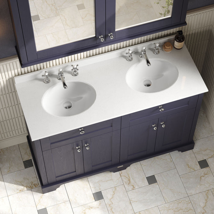 Old London 1200mm Twilight Blue 4 Door Floor Standing Cabinet With 6 Tap Holes Twin White Marble Basin