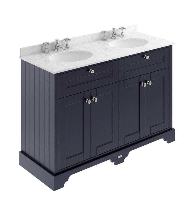 Old London 1200mm Twilight Blue 4 Door Floor Standing Cabinet With 3 Tap Holes Twin Grey Marble Basin