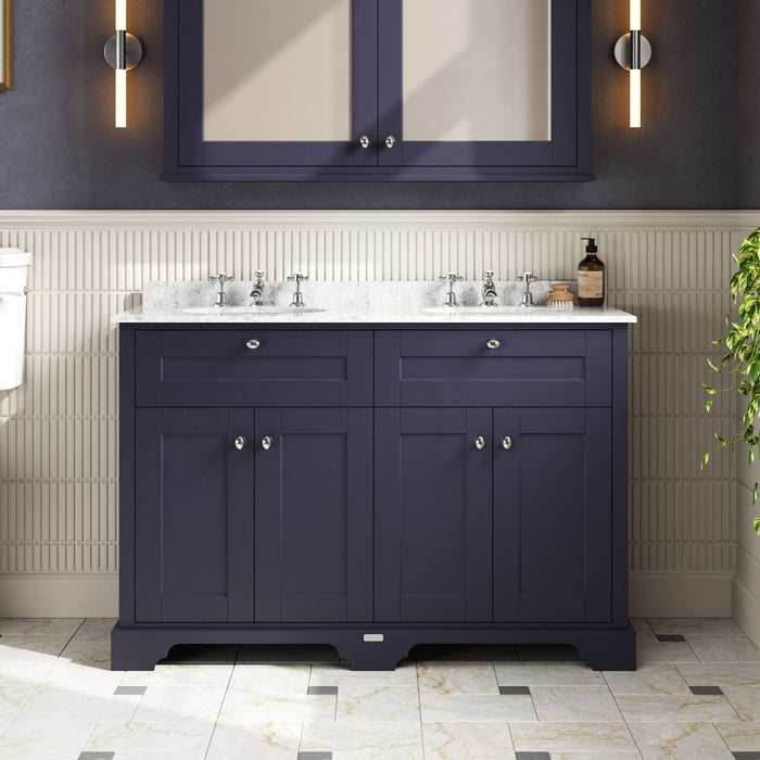 Old London 1200mm Twilight Blue 4 Door Floor Standing Cabinet With 3 Tap Holes Twin Grey Marble Basin