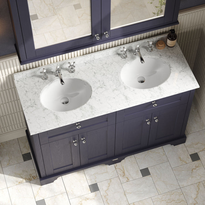 Old London 1200mm Twilight Blue 4 Door Floor Standing Cabinet With 3 Tap Holes Twin Grey Marble Basin