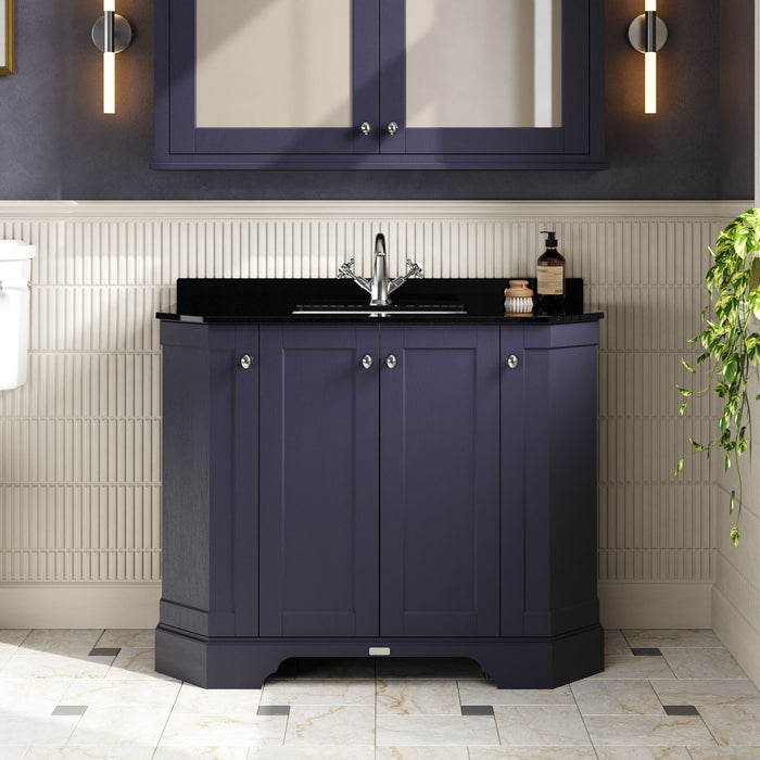 Old London 1000mm Twilight Blue 4 Door Floor Standing Angled Vanity Unit With 1 Tap Hole Marble Basin