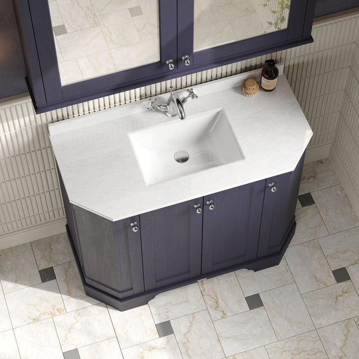 Old London 1000mm Twilight Blue 4 Door Floor Standing Angled Vanity Unit With 1 Tap Hole Marble Basin