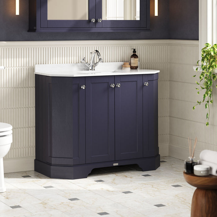 Old London 1000mm Twilight Blue 4 Door Floor Standing Angled Vanity Unit With 1 Tap Hole Marble Basin