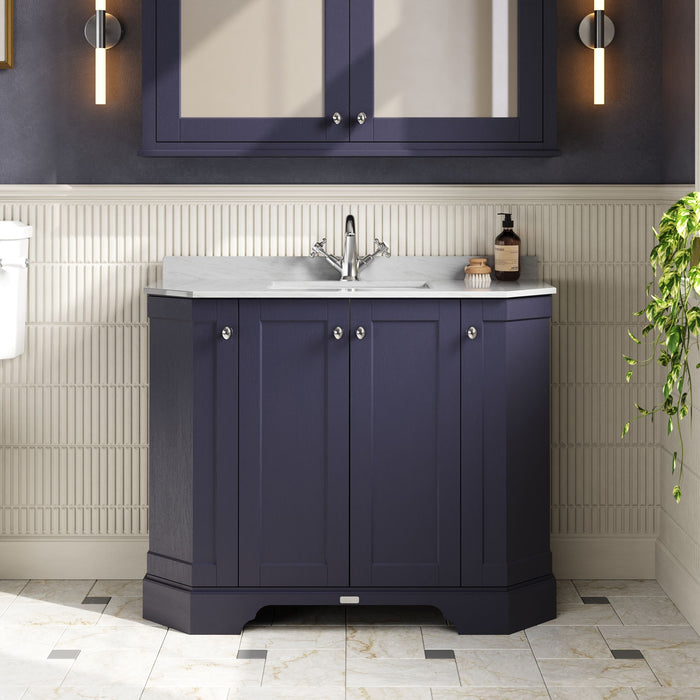 Old London 1000mm Twilight Blue 4 Door Floor Standing Angled Vanity Unit With 1 Tap Hole Marble Basin