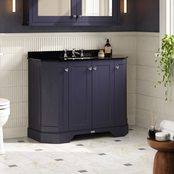 Old London 1000mm Twilight Blue 4 Door Floor Standing Angled Vanity Unit With 3 Tap Holes Marble Basin