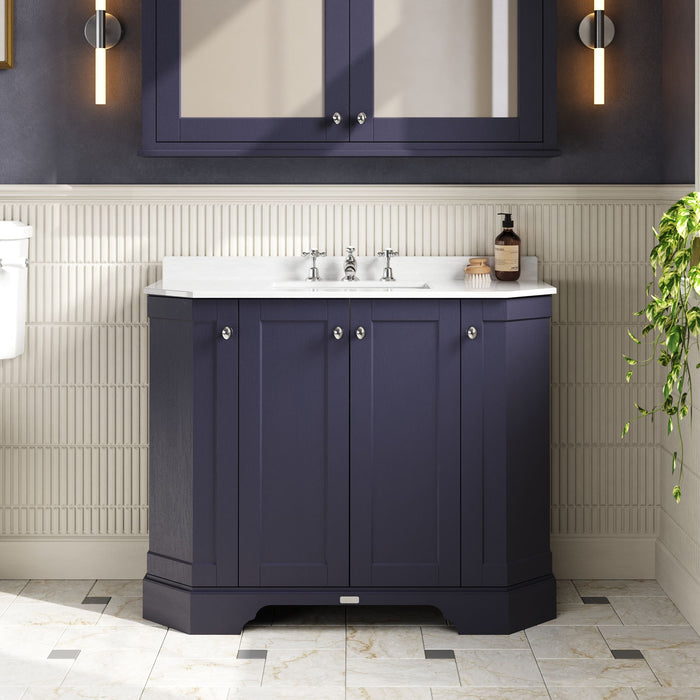 Old London 1000mm Twilight Blue 4 Door Floor Standing Angled Vanity Unit With 3 Tap Holes Marble Basin