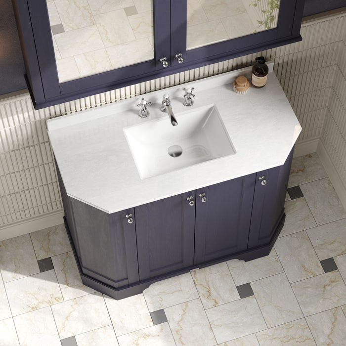 Old London 1000mm Twilight Blue 4 Door Floor Standing Angled Vanity Unit With 3 Tap Holes Marble Basin