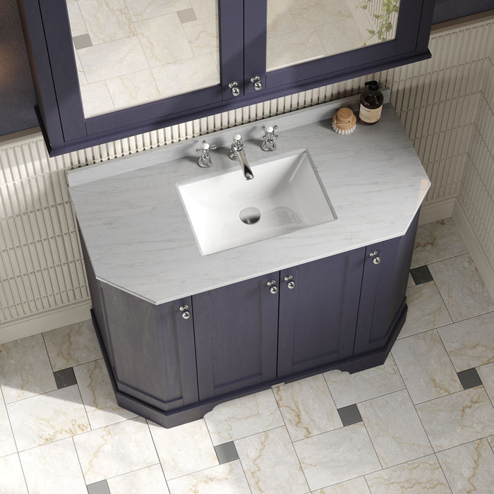 Old London 1000mm Twilight Blue 4 Door Floor Standing Angled Vanity Unit With 3 Tap Holes Marble Basin