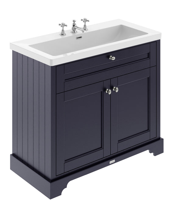 Old London 1000mm Twilight Blue 2 Door Floor Standing Vanity Unit With 3 Tap Holes Fireclay Basin