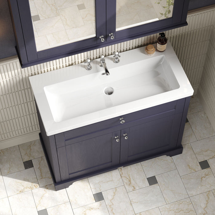 Old London 1000mm Twilight Blue 2 Door Floor Standing Vanity Unit With 3 Tap Holes Fireclay Basin