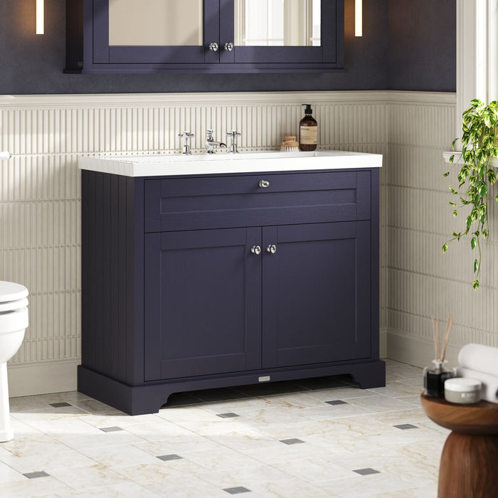 Old London 1000mm Twilight Blue 2 Door Floor Standing Vanity Unit With 3 Tap Holes Fireclay Basin