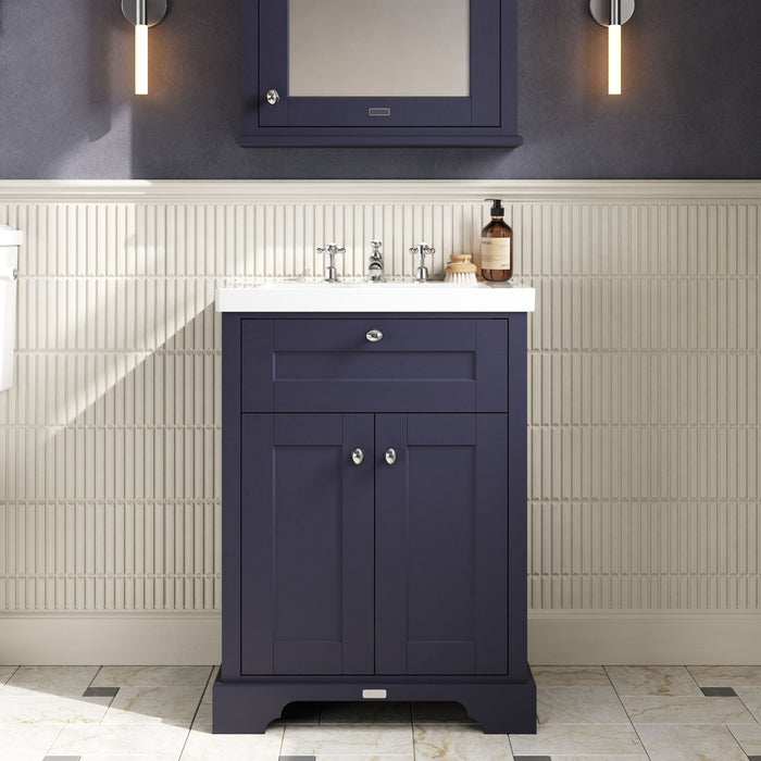 Old London 600mm Twilight Blue 2 Door Floor Standing Vanity Unit With 3 Tap Holes Fireclay Basin