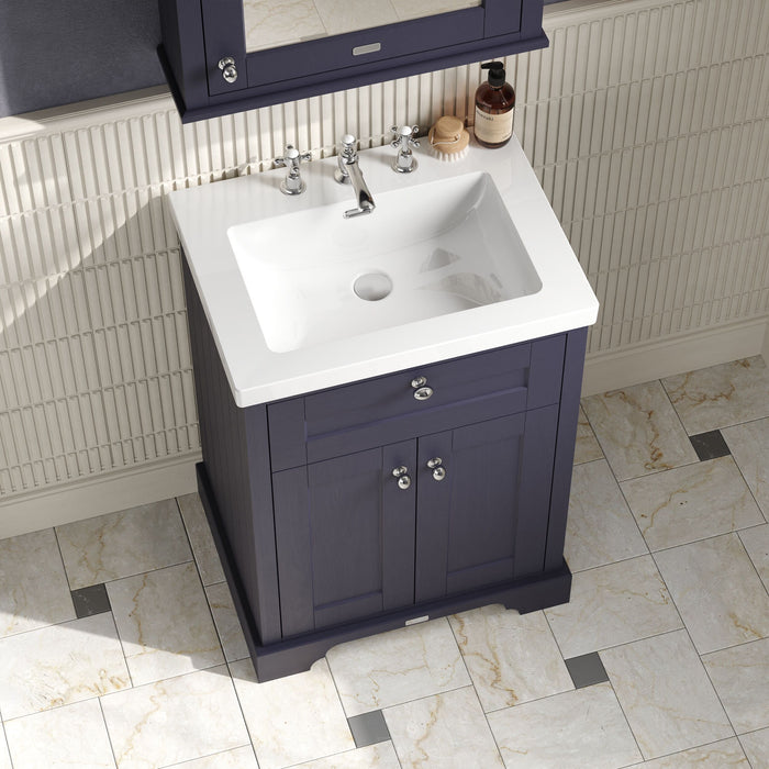 Old London 600mm Twilight Blue 2 Door Floor Standing Vanity Unit With 3 Tap Holes Fireclay Basin