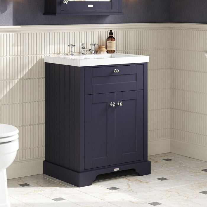 Old London 600mm Twilight Blue 2 Door Floor Standing Vanity Unit With 3 Tap Holes Fireclay Basin