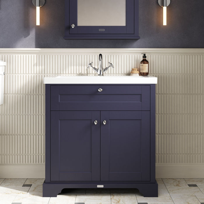 Old London 800mm Twilight Blue 2 Door Floor Standing Vanity Unit With 3 Tap Holes Fireclay Basin