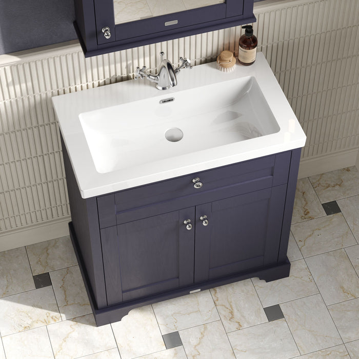 Old London 800mm Twilight Blue 2 Door Floor Standing Vanity Unit With 3 Tap Holes Fireclay Basin
