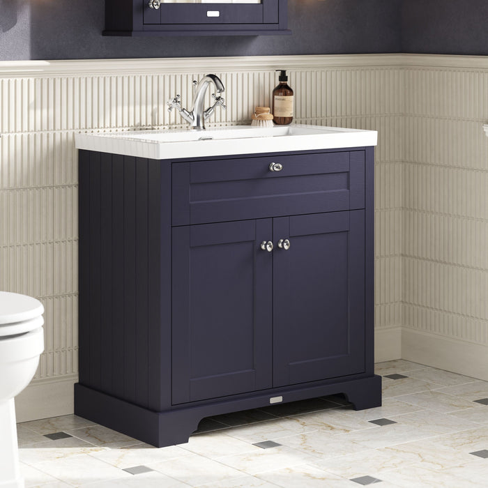Old London 800mm Twilight Blue 2 Door Floor Standing Vanity Unit With 3 Tap Holes Fireclay Basin
