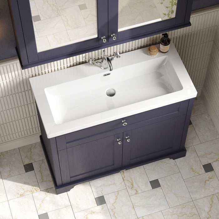 Old London 1000mm Twilight Blue 2 Door Floor Standing Vanity Unit With Fireclay Basin