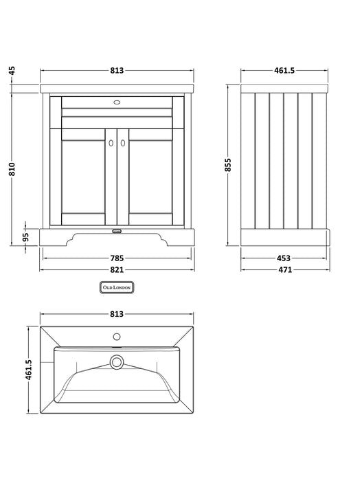 Old London 800mm Timeless Sand 2 Door Floor Standing Vanity Unit With 1 Tap Hole Fireclay Basin