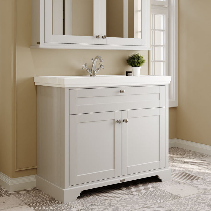 Old London 1000mm Timeless Sand 2 Door Floor Standing Vanity Unit With 1 Tap Hole Fireclay Basin