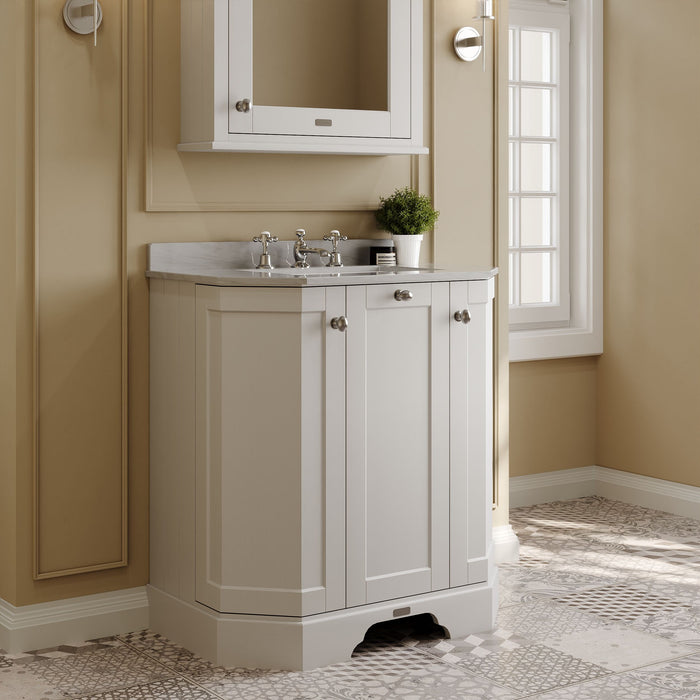 Old London 750mm Timeless Sand 3 Door Floor Standing Angled Vanity Unit With 3 Tap Holes Marble Basin