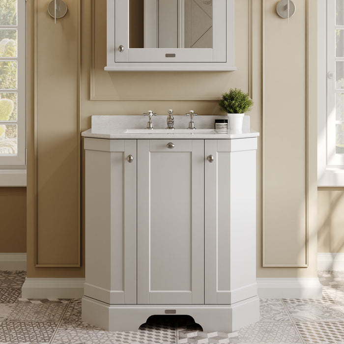 Old London 750mm Timeless Sand 3 Door Floor Standing Angled Vanity Unit With 3 Tap Holes Marble Basin