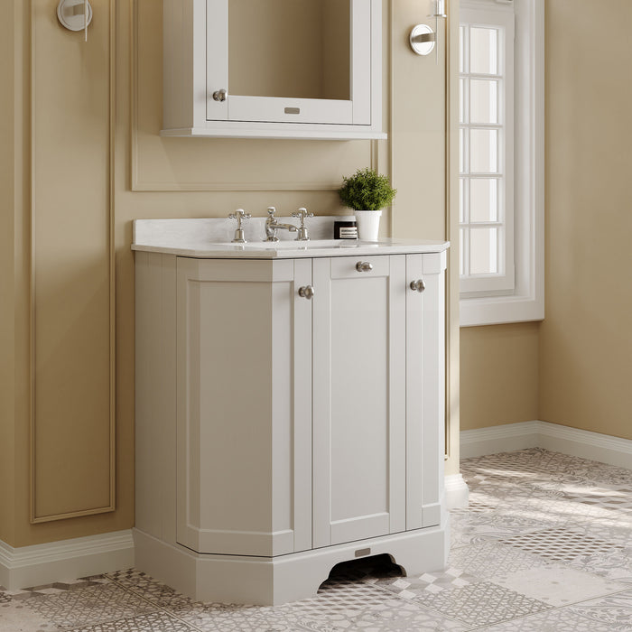 Old London 750mm Timeless Sand 3 Door Floor Standing Angled Vanity Unit With 3 Tap Holes Marble Basin