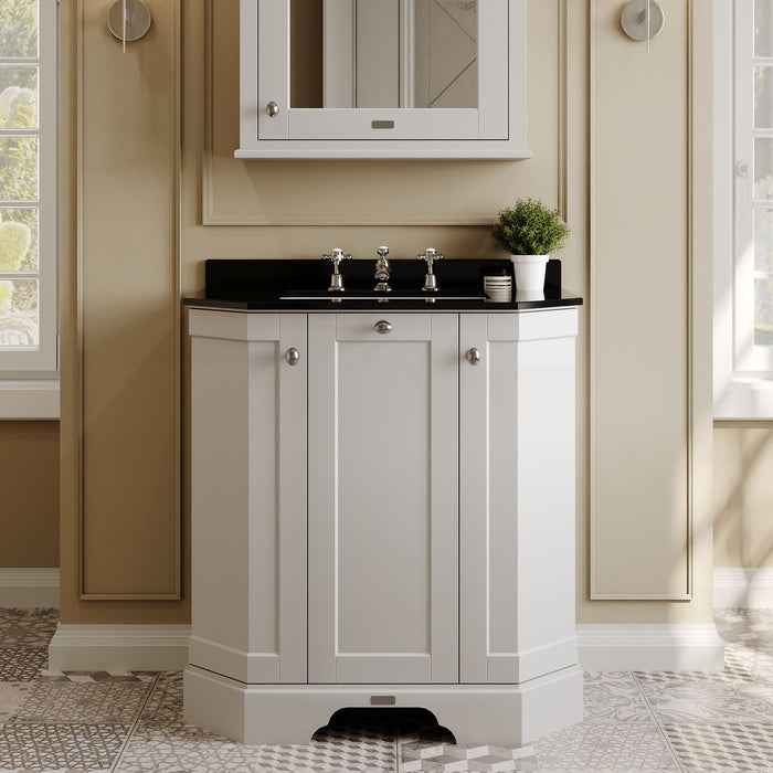 Old London 750mm Timeless Sand 3 Door Floor Standing Angled Vanity Unit With 3 Tap Holes Marble Basin