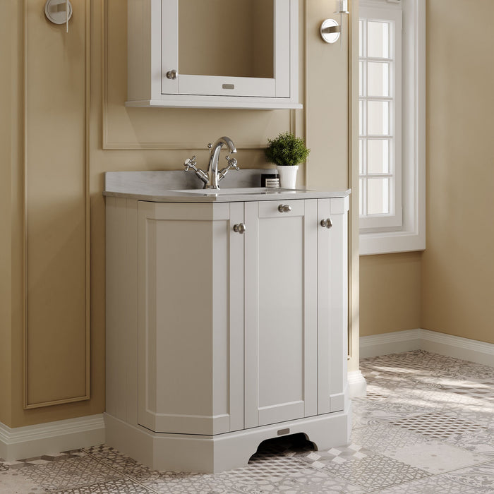 Old London 750mm Timeless Sand 3 Door Floor Standing Angled Vanity Unit With 1 Tap Hole Marble Basin
