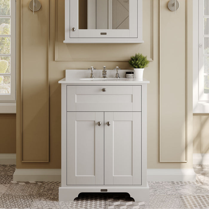 Old London 600mm Timeless Sand 2 Door Floor Standing Cabinet With 3 Tap Holes Marble Basin