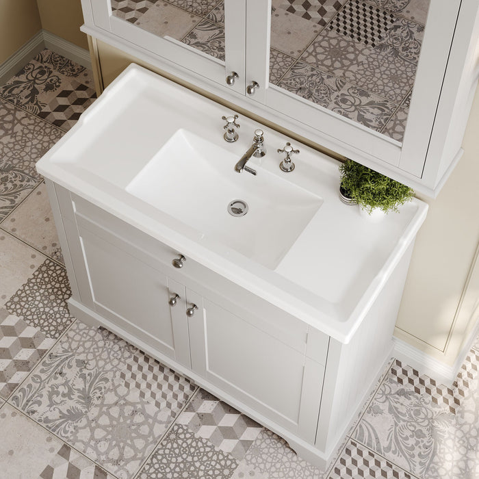 Old London 1000mm Timeless Sand 2 Door Floor Standing Cabinet With 3 Tap Holes Basin
