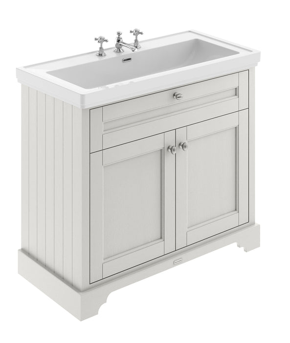 Old London 1000mm Timeless Sand 2 Door Floor Standing Vanity Unit With 3 Tap Holes Fireclay Basin