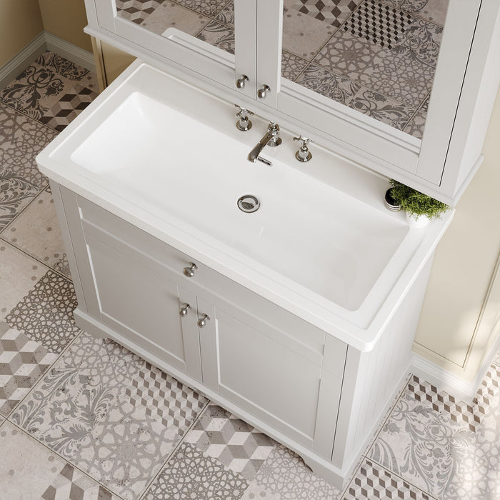 Old London 1000mm Timeless Sand 2 Door Floor Standing Vanity Unit With 3 Tap Holes Fireclay Basin