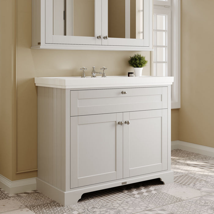 Old London 1000mm Timeless Sand 2 Door Floor Standing Vanity Unit With 3 Tap Holes Fireclay Basin