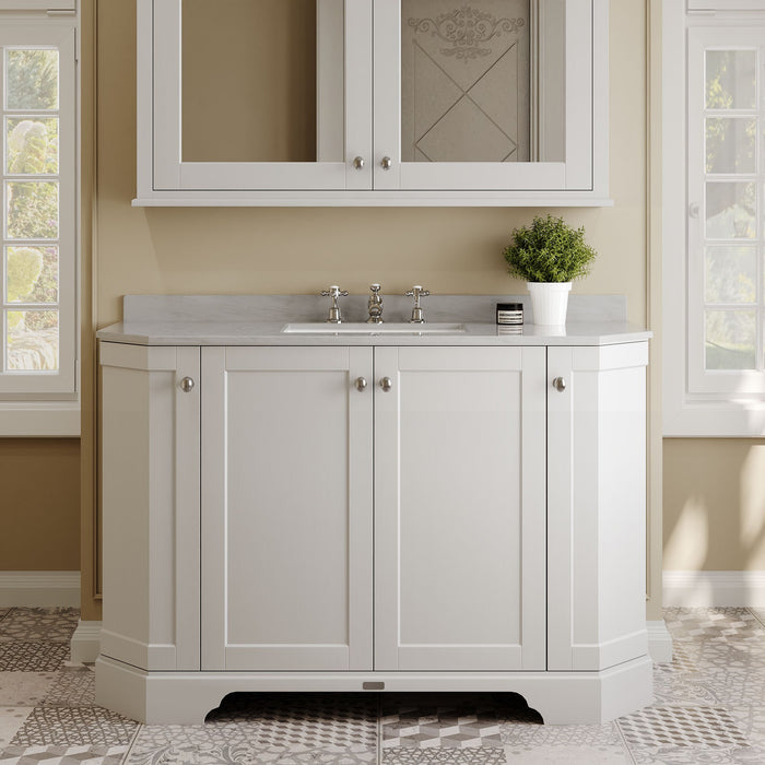 Old London 1200mm Timeless Sand 4 Door Floor Standing Angled Vanity Unit With 3 Tap Holes Grey Marble Basin