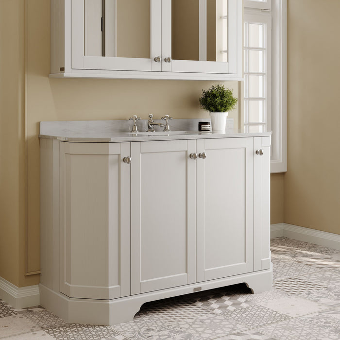 Old London 1200mm Timeless Sand 4 Door Floor Standing Angled Vanity Unit With 3 Tap Holes Grey Marble Basin