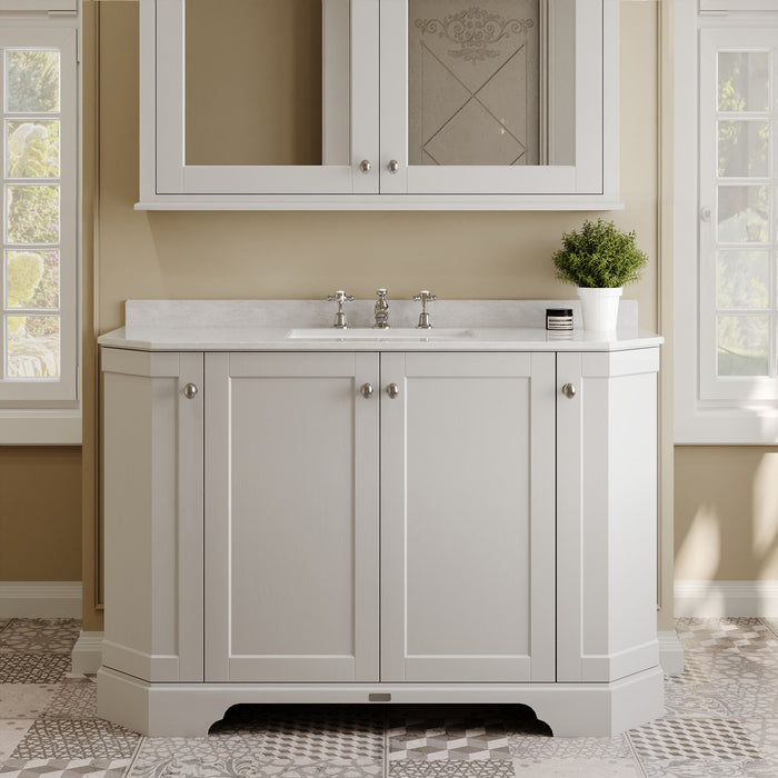 Old London 1200mm Timeless Sand 4 Door Floor Standing Angled Vanity Unit With 3 Tap Holes White Marble Basin