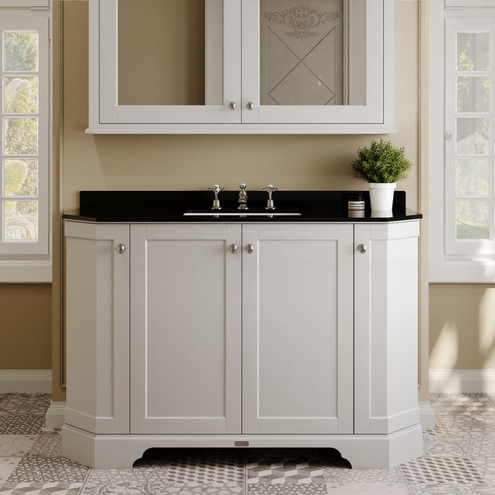 Old London 1200mm Timeless Sand 4 Door Floor Standing Angled Vanity Unit With 3 Tap Holes Black Marble Basin