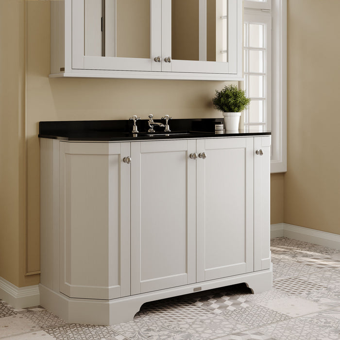 Old London 1200mm Timeless Sand 4 Door Floor Standing Angled Vanity Unit With 3 Tap Holes Black Marble Basin