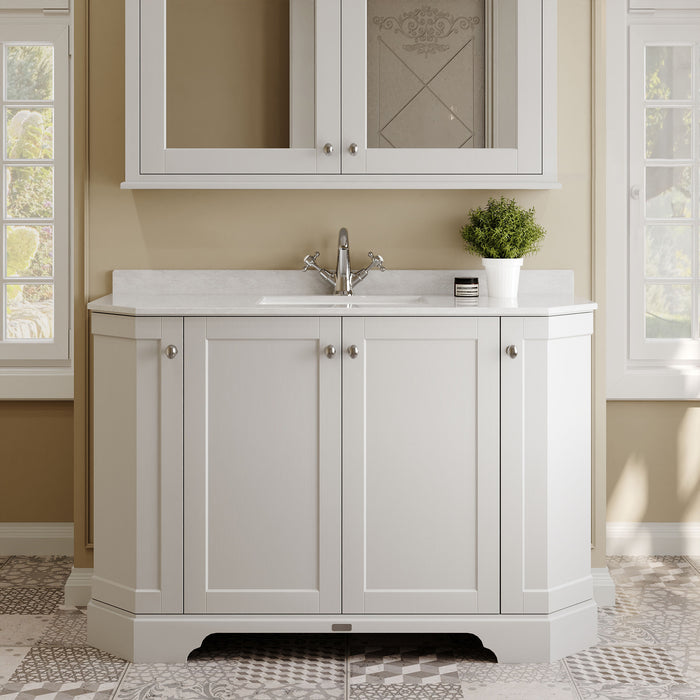 Old London 1200mm Timeless Sand 4 Door Floor Standing Angled Vanity Unit With 1 Tap Hole White Marble Basin