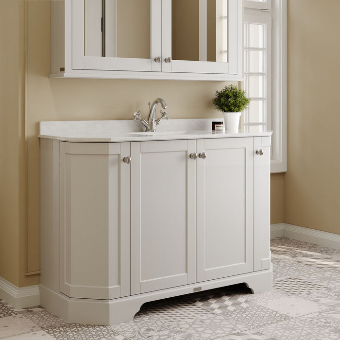 Old London 1200mm Timeless Sand 4 Door Floor Standing Angled Vanity Unit With 1 Tap Hole White Marble Basin
